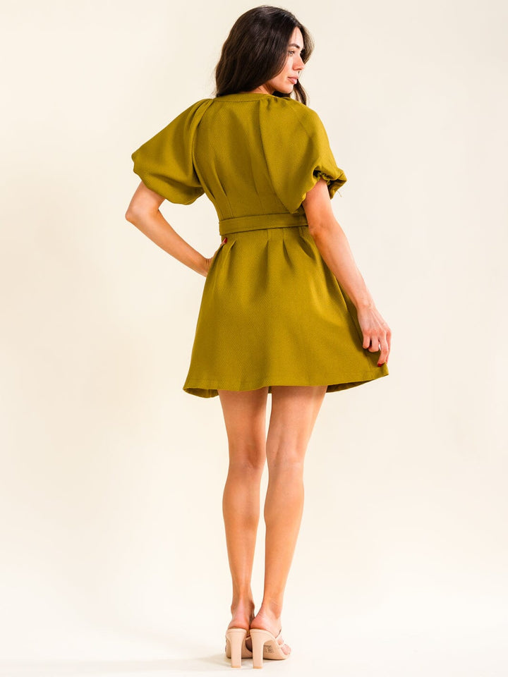 ENTRO WOMEN'S SHORT PUFF SLEEVE BUTTON UP SELF TIE MINI DRESS