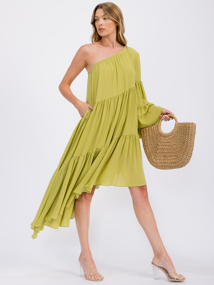 WOMEN'S ONE SHOLDER LONG SLEEVE POCKETS TIERED HIGH-LOW MIDI DRESS