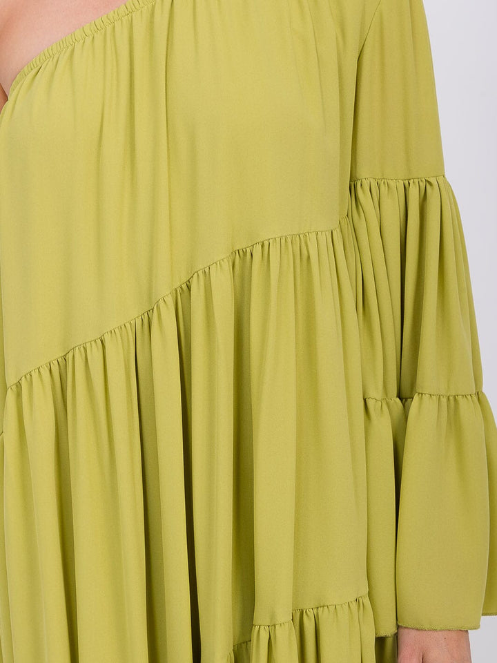 WOMEN'S ONE SHOLDER LONG SLEEVE POCKETS TIERED HIGH-LOW MIDI DRESS