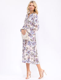 WOMEN'S LONG SLEEVE V-NECK BUTTON UP FLORAL TIERED MIDI DRESS