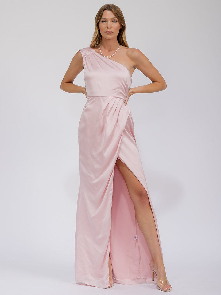 WOMEN'S SLEEVELESS ONE SHOULDER SURPLICE FRONT SLIT MAXI GOWN DRESS