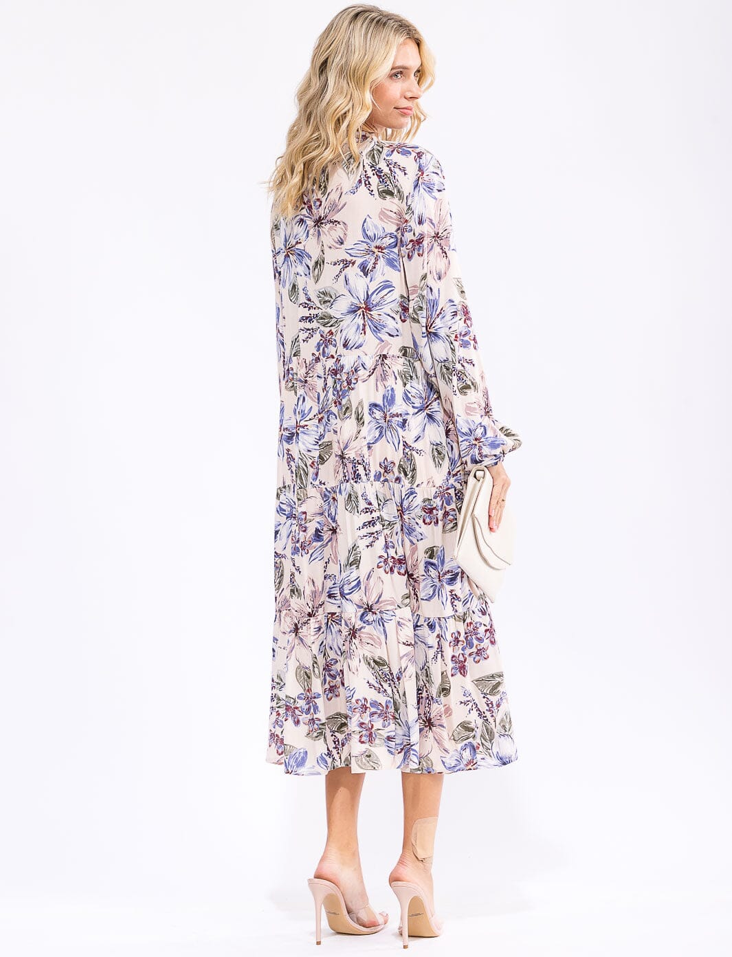 WOMEN'S LONG SLEEVE V-NECK BUTTON UP FLORAL TIERED MIDI DRESS