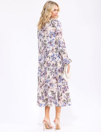 WOMEN'S LONG SLEEVE V-NECK BUTTON UP FLORAL TIERED MIDI DRESS