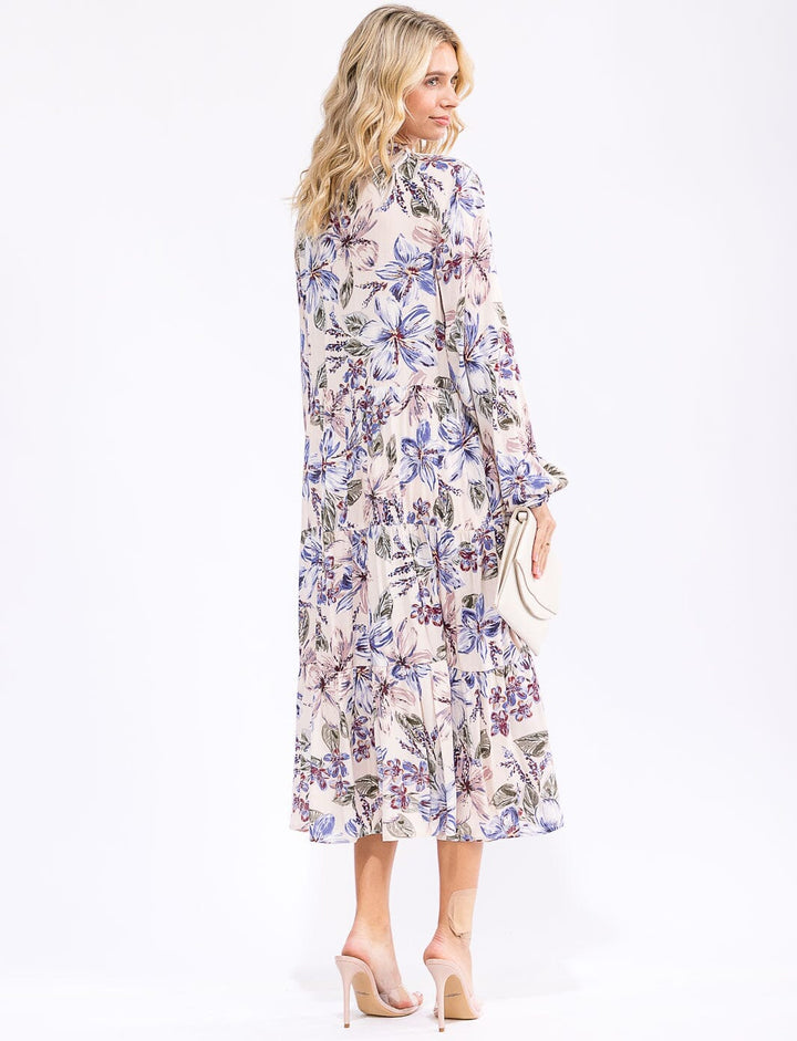 WOMEN'S LONG SLEEVE V-NECK BUTTON UP FLORAL TIERED MIDI DRESS