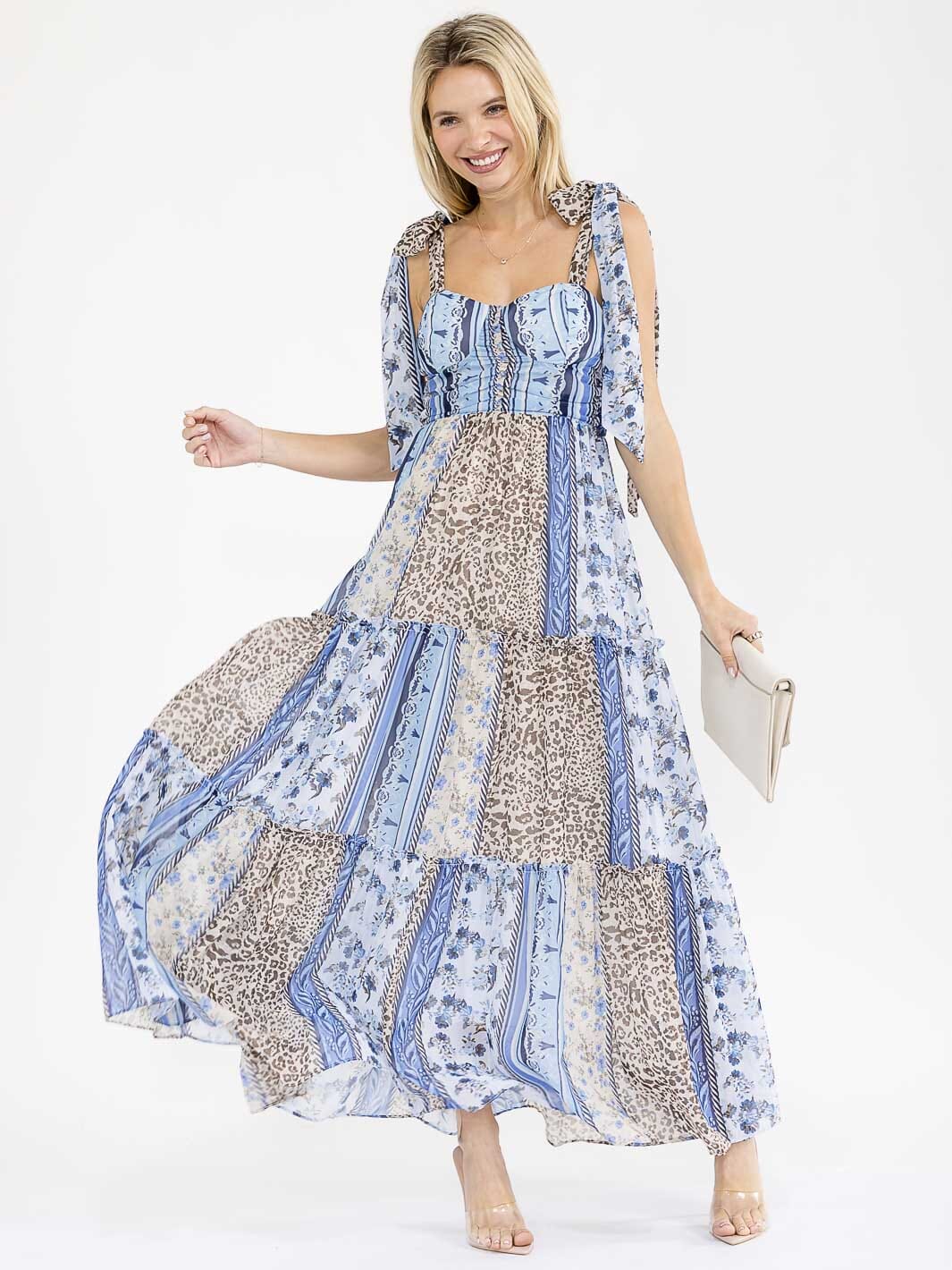 WOMEN'S SLEEVELESS MULTI PRINT TIERED MAXI DRESS