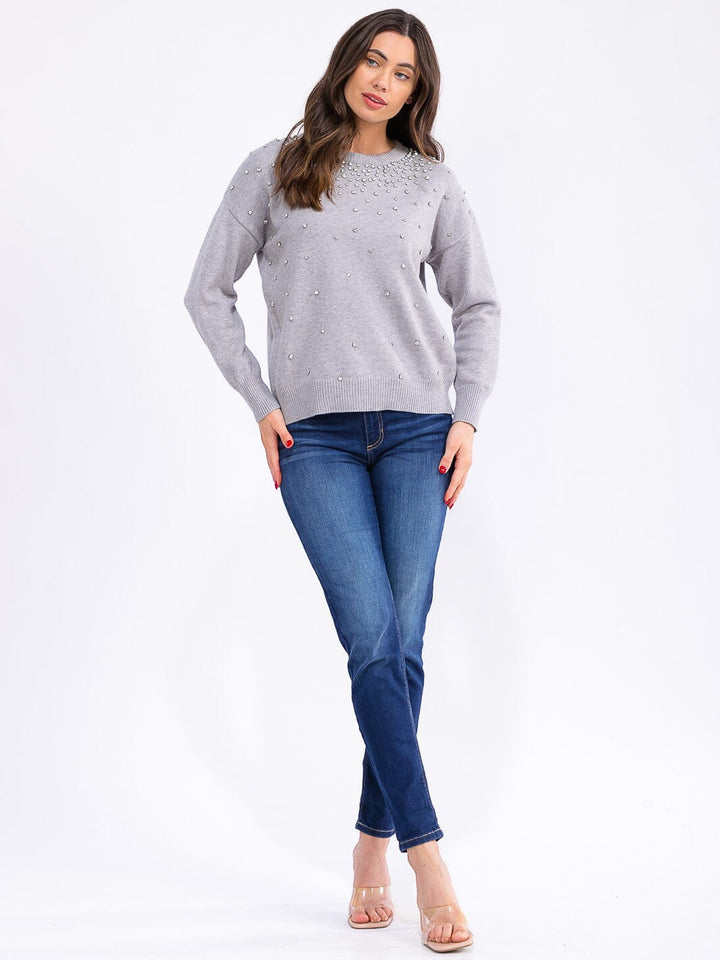 WOMEN'S LONG SLEEVE STUDS DETAILED PULLOVER SWEATER