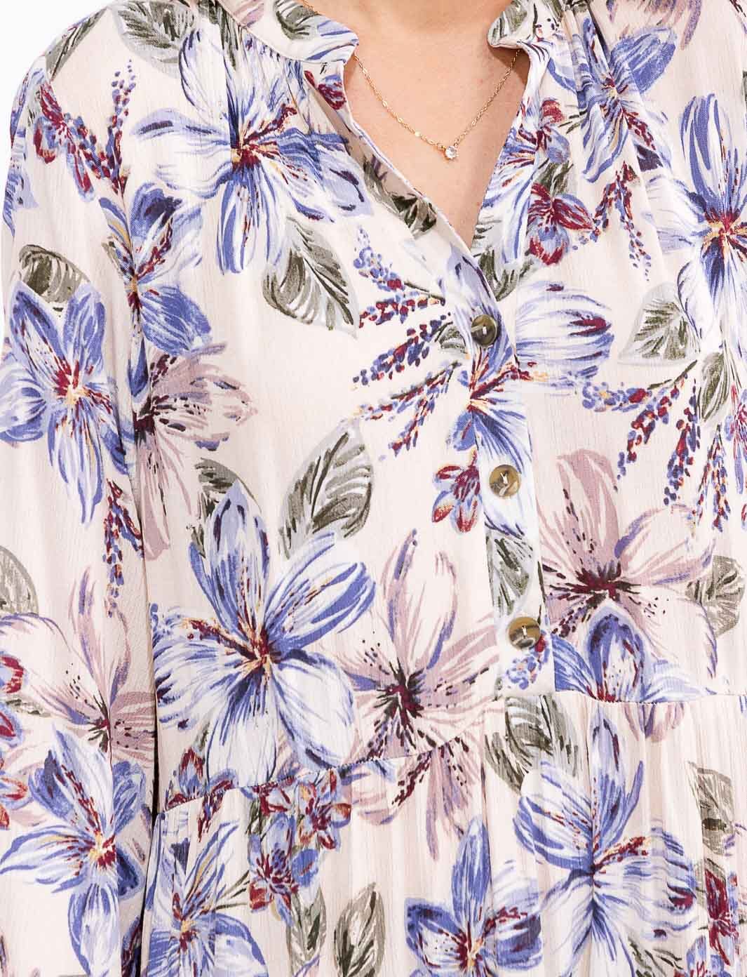 WOMEN'S LONG SLEEVE V-NECK BUTTON UP FLORAL TIERED MIDI DRESS