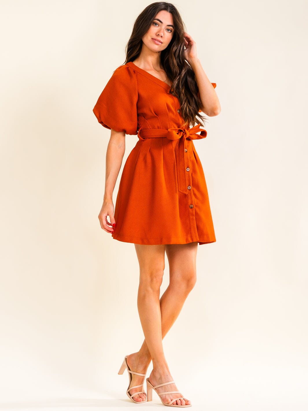 ENTRO WOMEN'S SHORT PUFF SLEEVE BUTTON UP SELF TIE MINI DRESS
