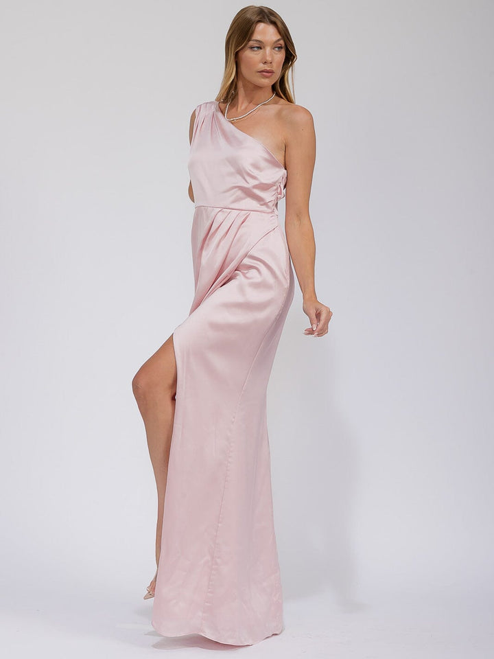 WOMEN'S SLEEVELESS ONE SHOULDER SURPLICE FRONT SLIT MAXI GOWN DRESS