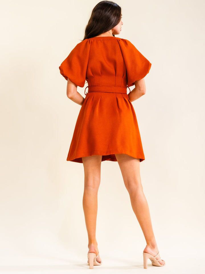 ENTRO WOMEN'S SHORT PUFF SLEEVE BUTTON UP SELF TIE MINI DRESS
