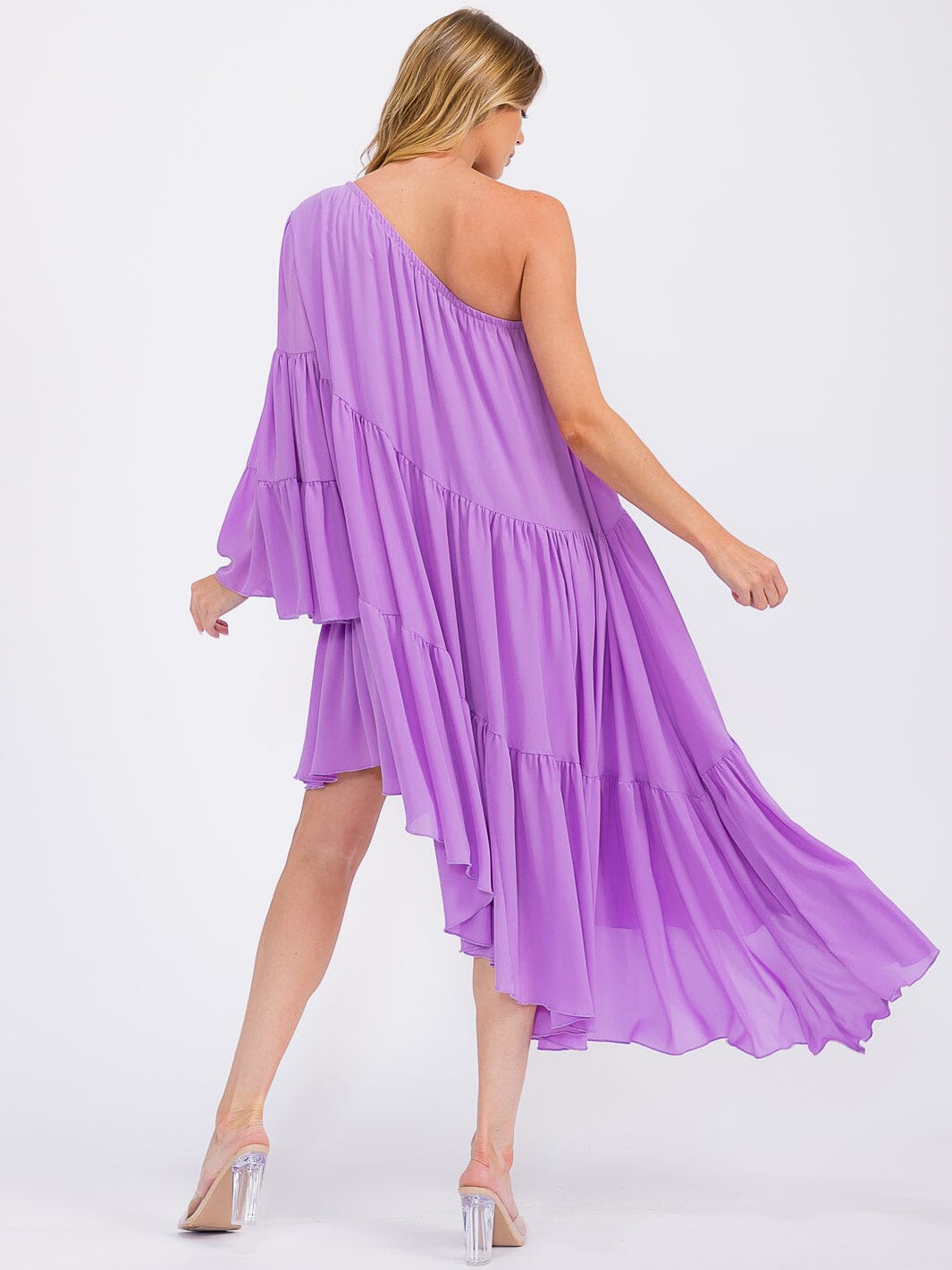 WOMEN'S ONE SHOLDER LONG SLEEVE POCKETS TIERED HIGH-LOW MIDI DRESS