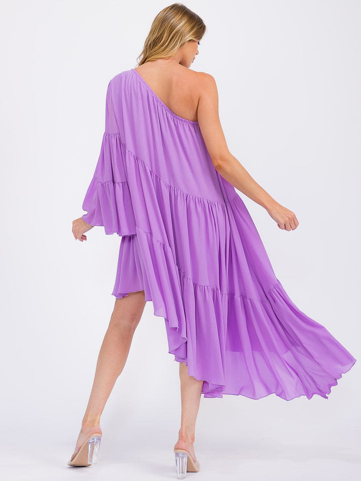 WOMEN'S ONE SHOLDER LONG SLEEVE POCKETS TIERED HIGH-LOW MIDI DRESS