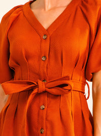 ENTRO WOMEN'S SHORT PUFF SLEEVE BUTTON UP SELF TIE MINI DRESS