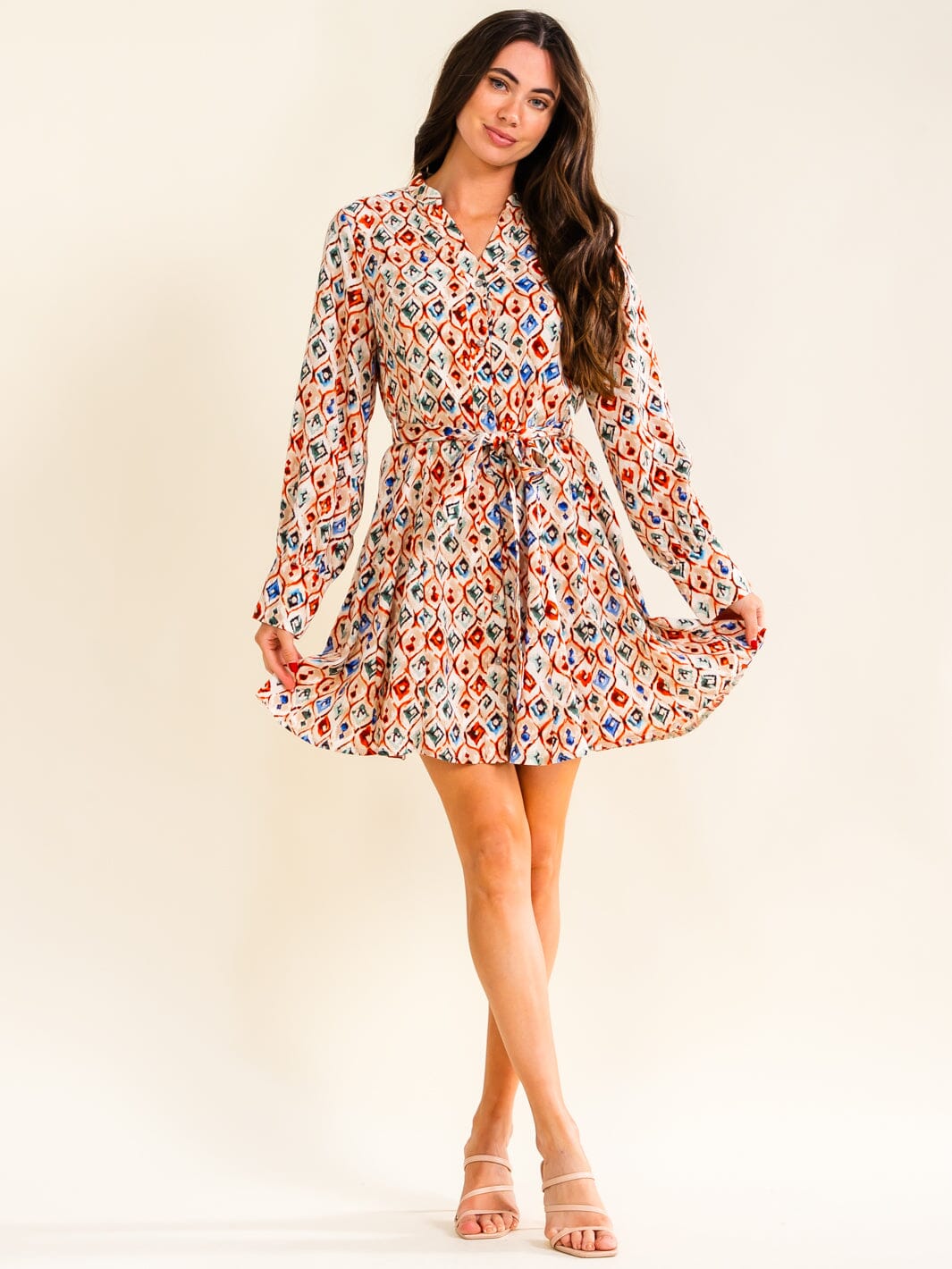 ENTRO WOMEN'S LONG SLEEVE V-NECK MULTI PRINT WRAP MINI DRESS