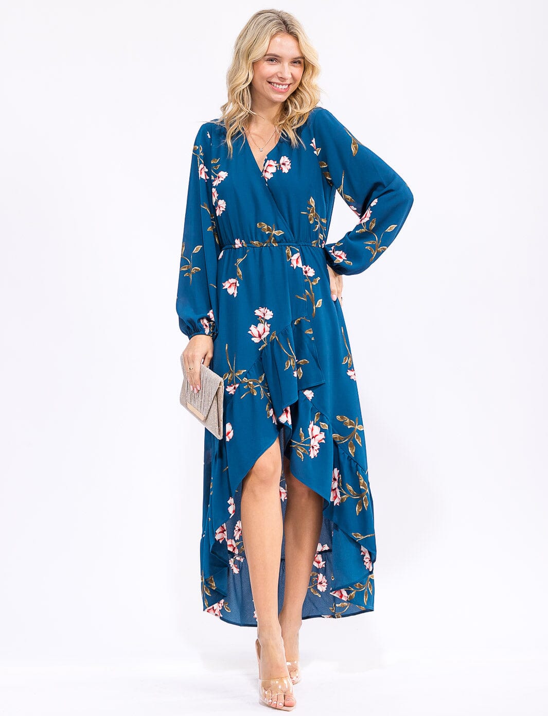 WOMEN'S LONG SLEEVE SURPLICE ELASTIC WAIST HIGH-LOW FLORAL MAXI DRESS