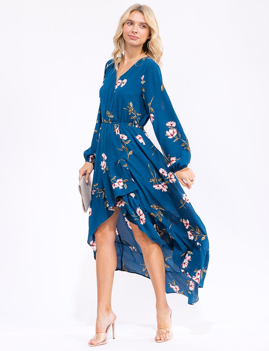 WOMEN'S LONG SLEEVE SURPLICE ELASTIC WAIST HIGH-LOW FLORAL MAXI DRESS