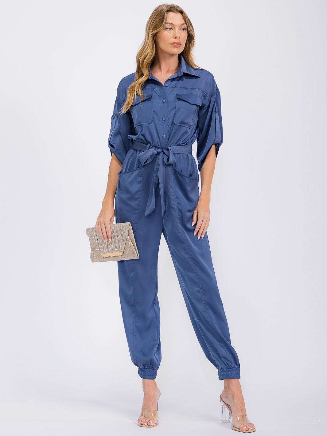 WOMEN'S 3/4 SLEEVES BUTTON UP POCKETS JOGGER JUMPSUIT