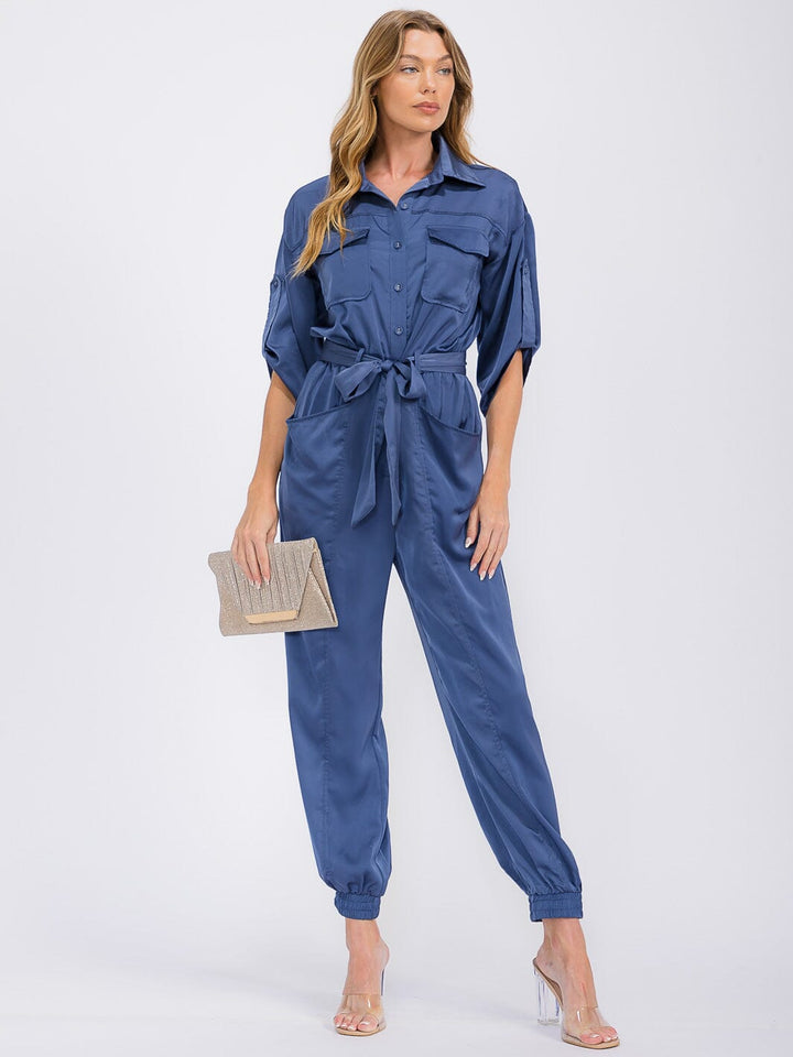 WOMEN'S 3/4 SLEEVES BUTTON UP POCKETS JOGGER JUMPSUIT