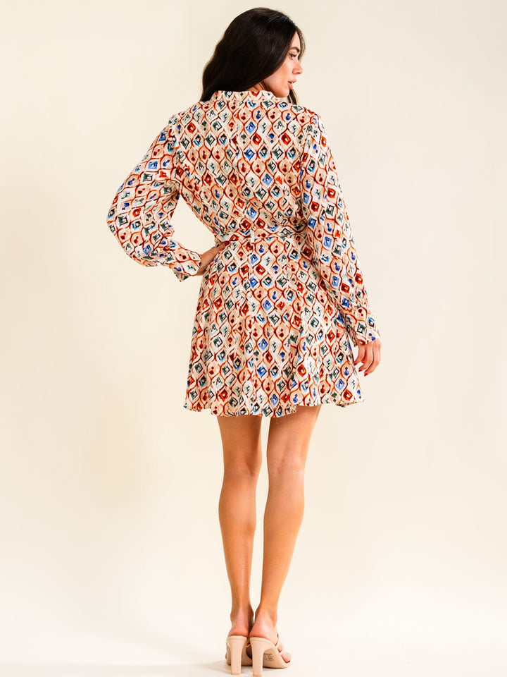 ENTRO WOMEN'S LONG SLEEVE V-NECK MULTI PRINT WRAP MINI DRESS