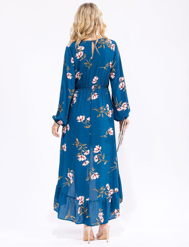 WOMEN'S LONG SLEEVE SURPLICE ELASTIC WAIST HIGH-LOW FLORAL MAXI DRESS