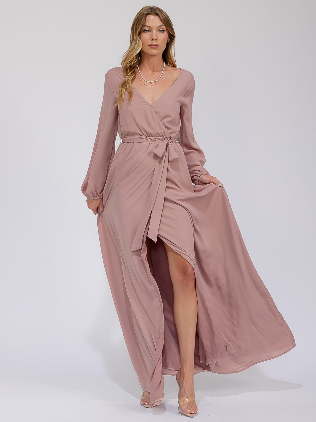 WOMEN'S LONG SLEEVE SURPLICE SELF TIE OPEN BACK MAXI GOWN DRESS