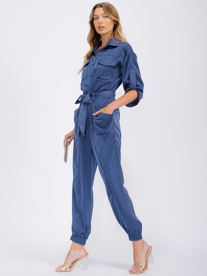 WOMEN'S 3/4 SLEEVES BUTTON UP POCKETS JOGGER JUMPSUIT