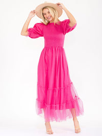 WOMEN'S SHORT PUFF SLEEVE SMOCK SWISS DETAILED MAXI DRESS
