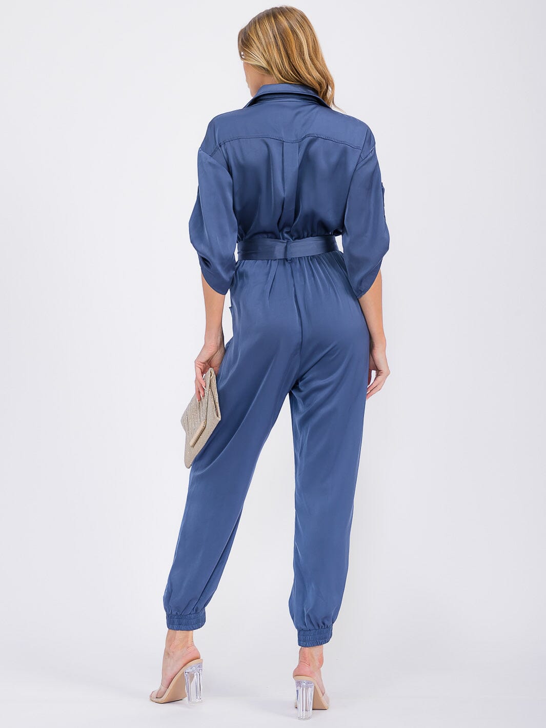 WOMEN'S 3/4 SLEEVES BUTTON UP POCKETS JOGGER JUMPSUIT