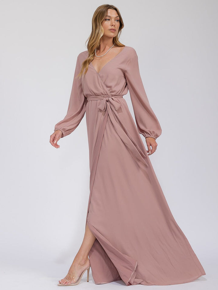 WOMEN'S LONG SLEEVE SURPLICE SELF TIE OPEN BACK MAXI GOWN DRESS