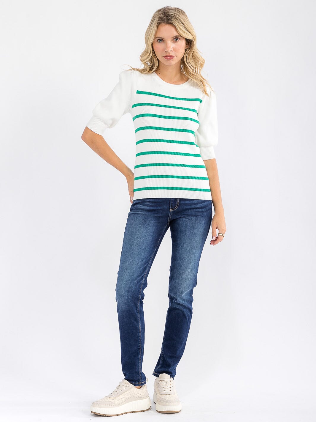WOMEN'S SHORT SLEEVE COLORBLOCK STRIPES BLOUSE