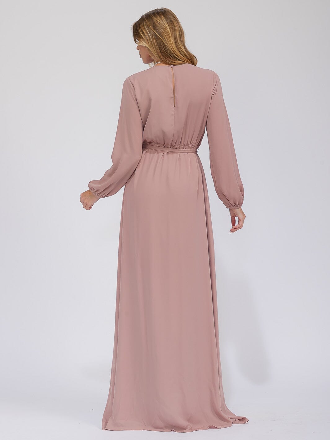 WOMEN'S LONG SLEEVE SURPLICE SELF TIE OPEN BACK MAXI GOWN DRESS