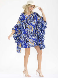 WOMEN'S SHORT RUFFLE SLEEVE MULTI PRINT LOOSE FIT MINI DRESS