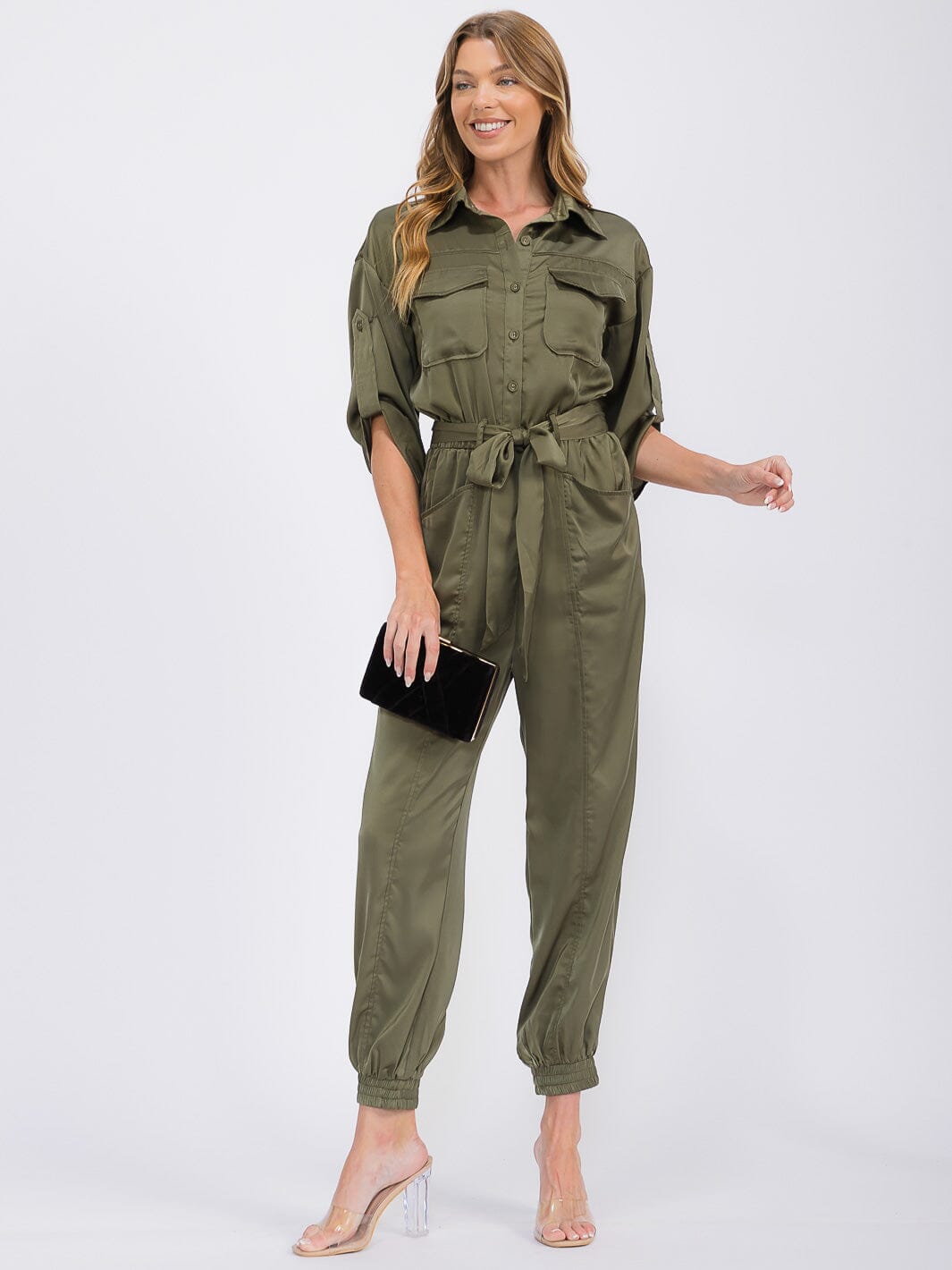 WOMEN'S 3/4 SLEEVES BUTTON UP POCKETS JOGGER JUMPSUIT