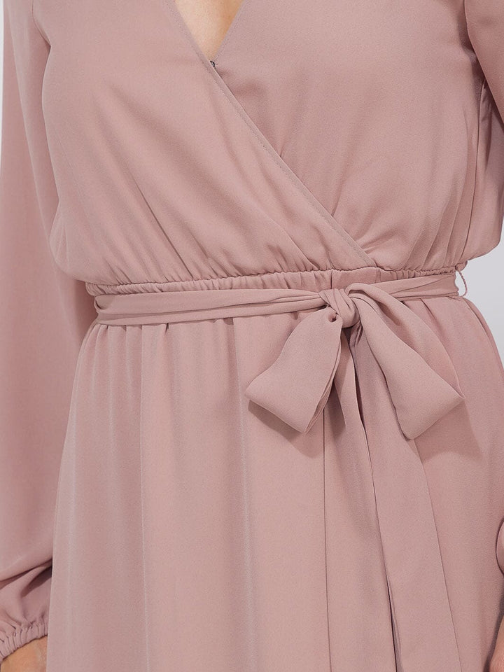 WOMEN'S LONG SLEEVE SURPLICE SELF TIE OPEN BACK MAXI GOWN DRESS