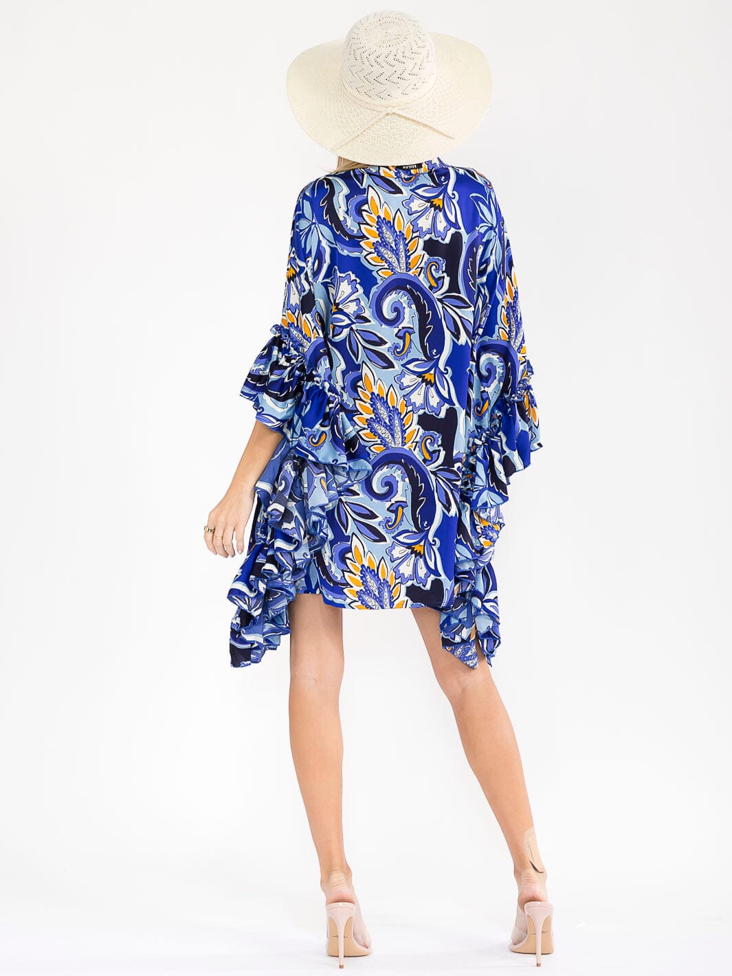 WOMEN'S SHORT RUFFLE SLEEVE MULTI PRINT LOOSE FIT MINI DRESS