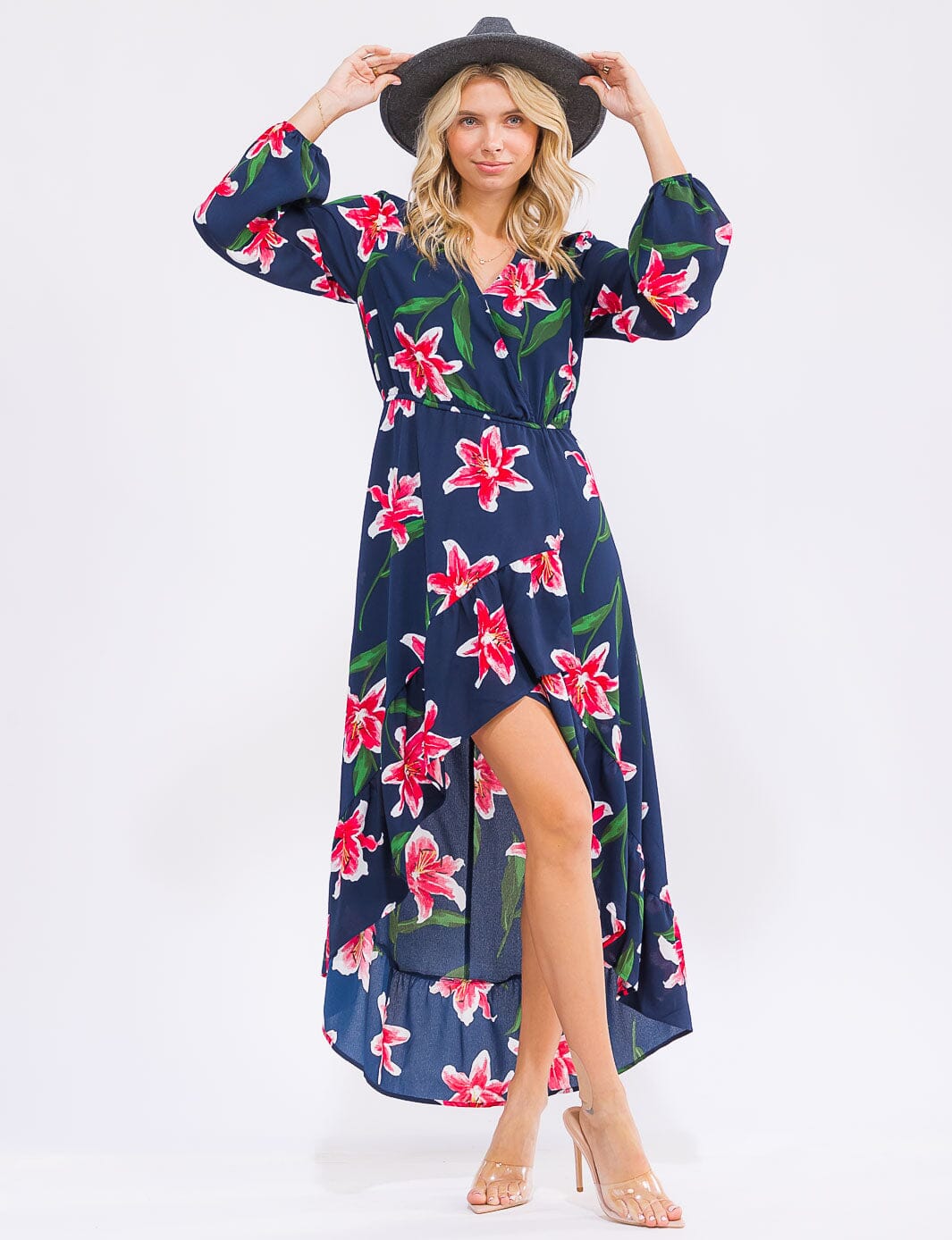 WOMEN'S LONG SLEEVE SURPLICE ELASTIC WAIST HIGH-LOW FLORAL MAXI DRESS