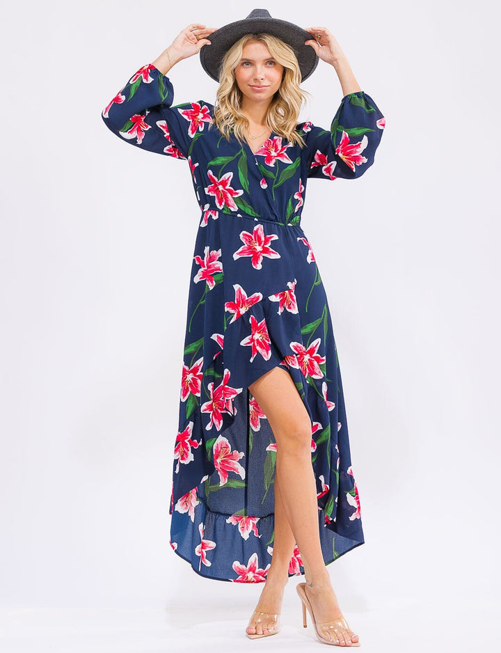 WOMEN'S LONG SLEEVE SURPLICE ELASTIC WAIST HIGH-LOW FLORAL MAXI DRESS