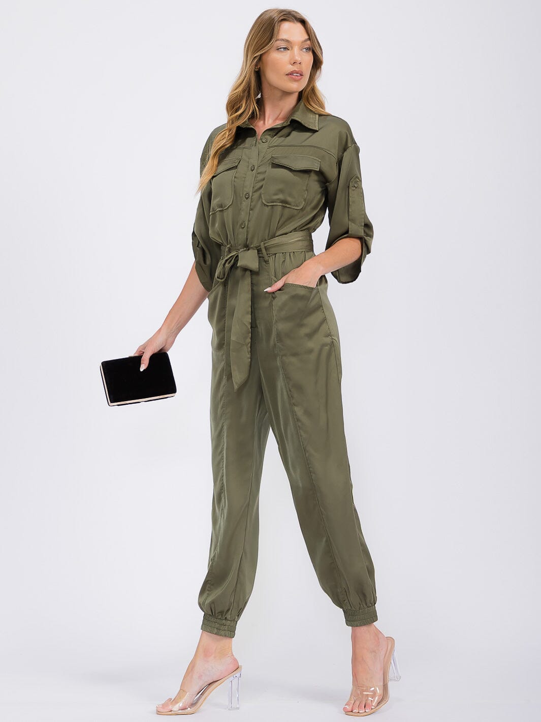WOMEN'S 3/4 SLEEVES BUTTON UP POCKETS JOGGER JUMPSUIT