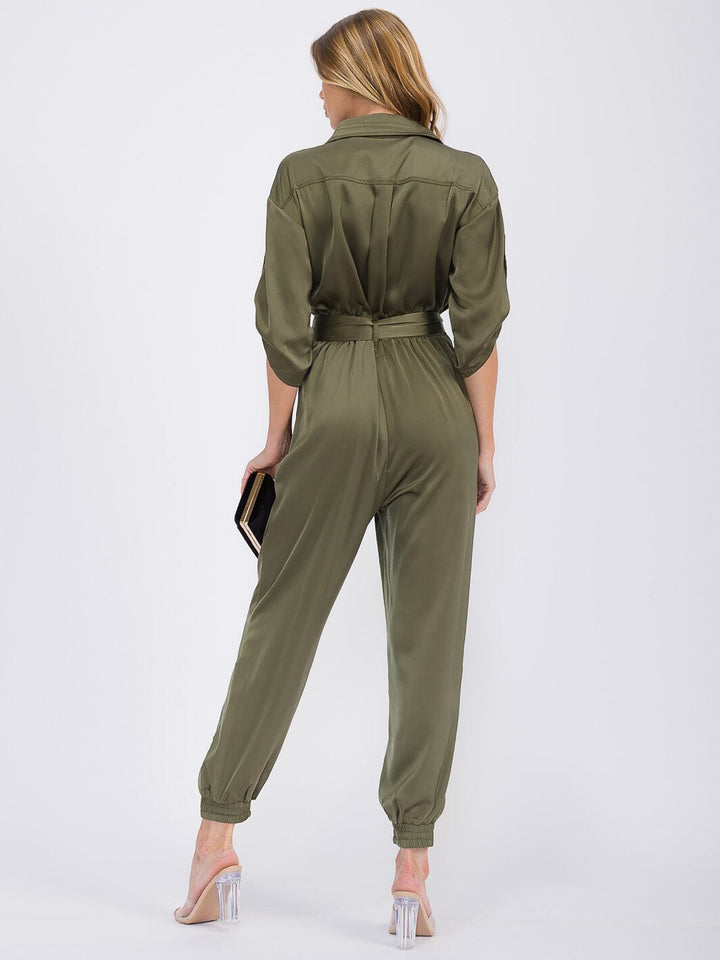 WOMEN'S 3/4 SLEEVES BUTTON UP POCKETS JOGGER JUMPSUIT