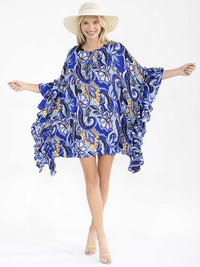WOMEN'S SHORT RUFFLE SLEEVE MULTI PRINT LOOSE FIT MINI DRESS
