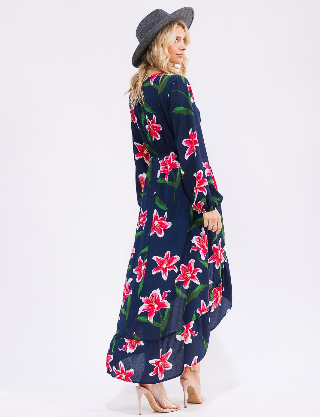 WOMEN'S LONG SLEEVE SURPLICE ELASTIC WAIST HIGH-LOW FLORAL MAXI DRESS