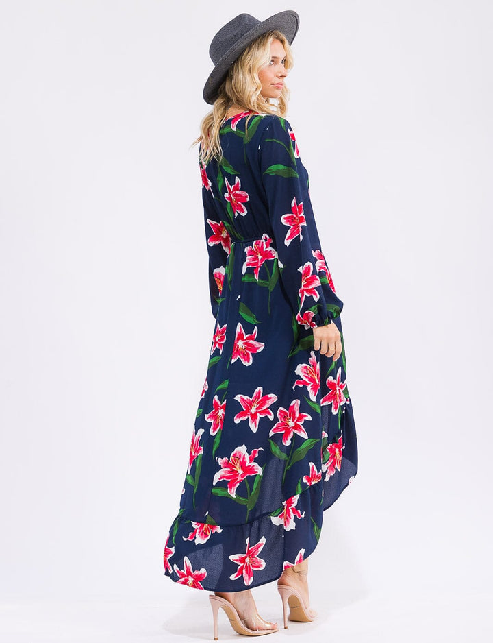 WOMEN'S LONG SLEEVE SURPLICE ELASTIC WAIST HIGH-LOW FLORAL MAXI DRESS