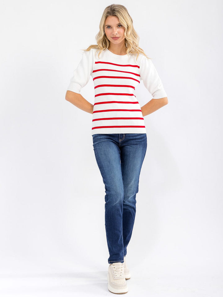 WOMEN'S SHORT SLEEVE COLORBLOCK STRIPES BLOUSE