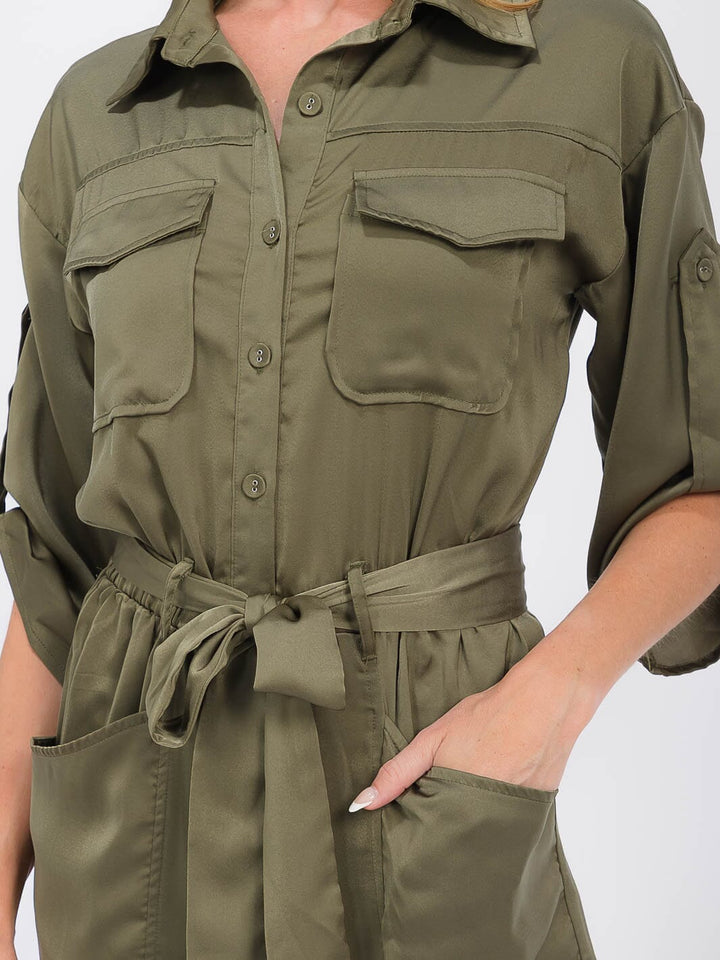 WOMEN'S 3/4 SLEEVES BUTTON UP POCKETS JOGGER JUMPSUIT