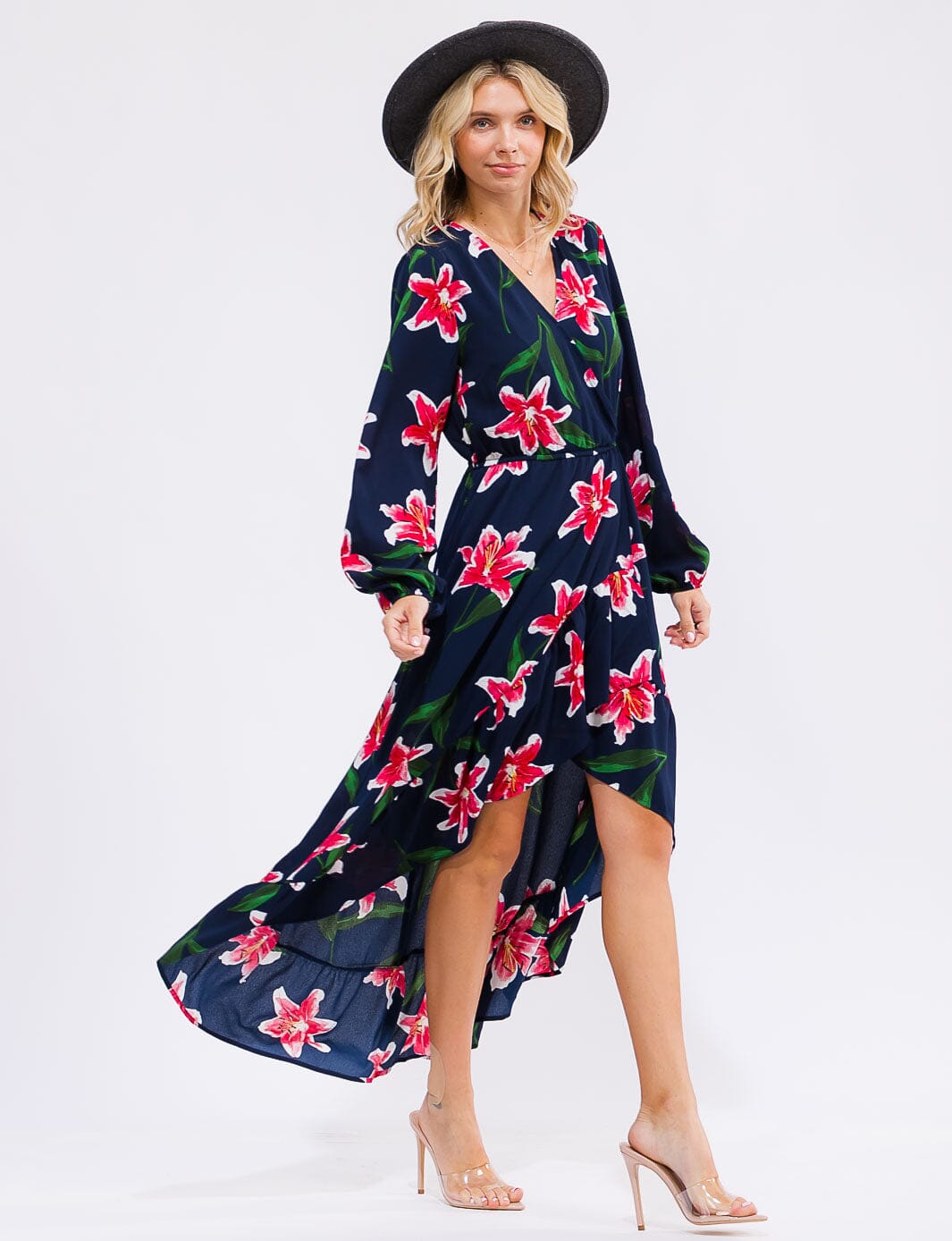 WOMEN'S LONG SLEEVE SURPLICE ELASTIC WAIST HIGH-LOW FLORAL MAXI DRESS