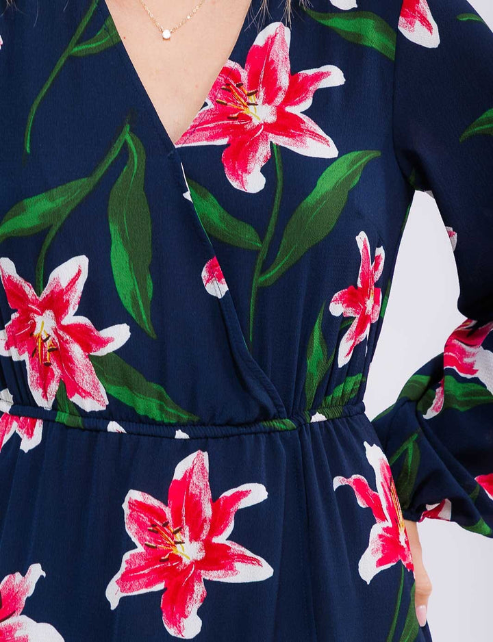 WOMEN'S LONG SLEEVE SURPLICE ELASTIC WAIST HIGH-LOW FLORAL MAXI DRESS