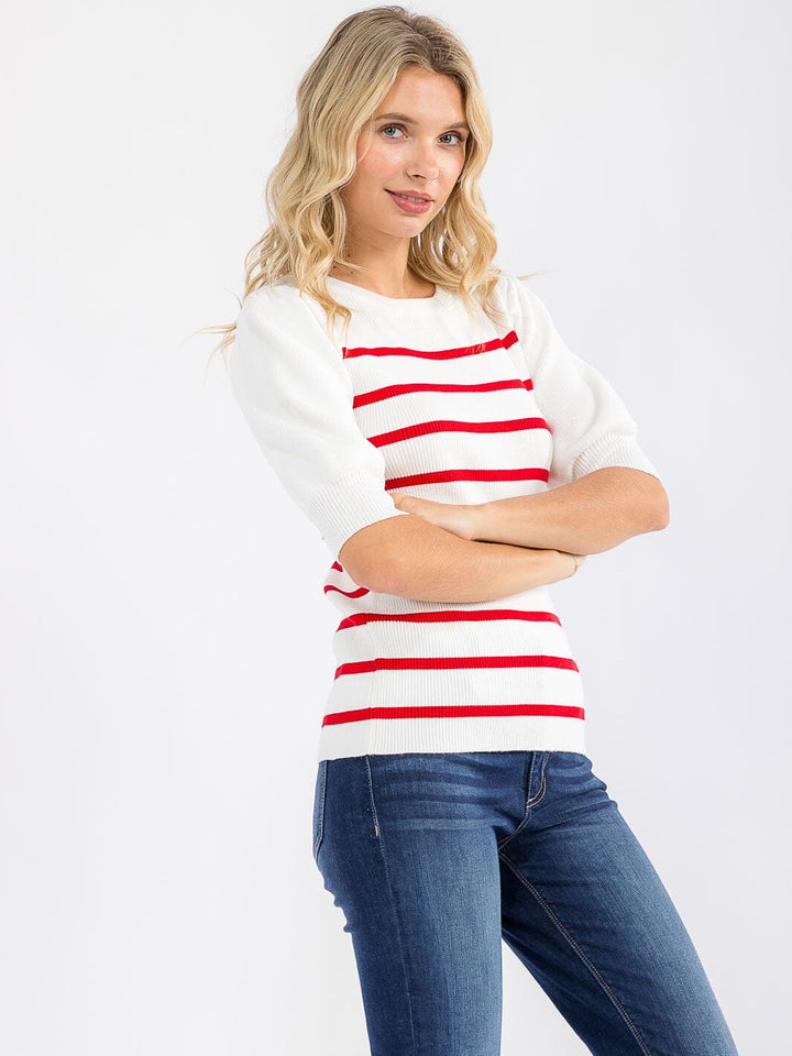 WOMEN'S SHORT SLEEVE COLORBLOCK STRIPES BLOUSE
