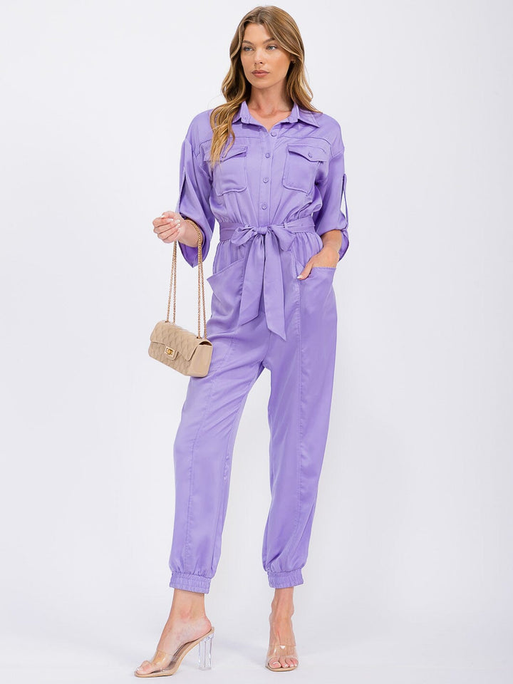 WOMEN'S 3/4 SLEEVES BUTTON UP POCKETS JOGGER JUMPSUIT