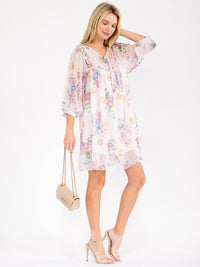 WOMEN'S SHORT SLEEVE V-NECK FLORAL SWISS LOOSE FIT MINI DRESS