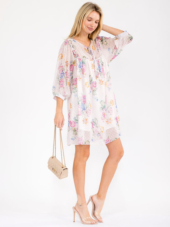 WOMEN'S SHORT SLEEVE V-NECK FLORAL SWISS LOOSE FIT MINI DRESS